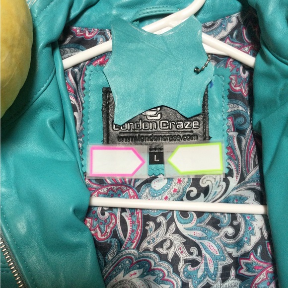 Turquoise leather jacket worn once. - Picture 3 of 4
